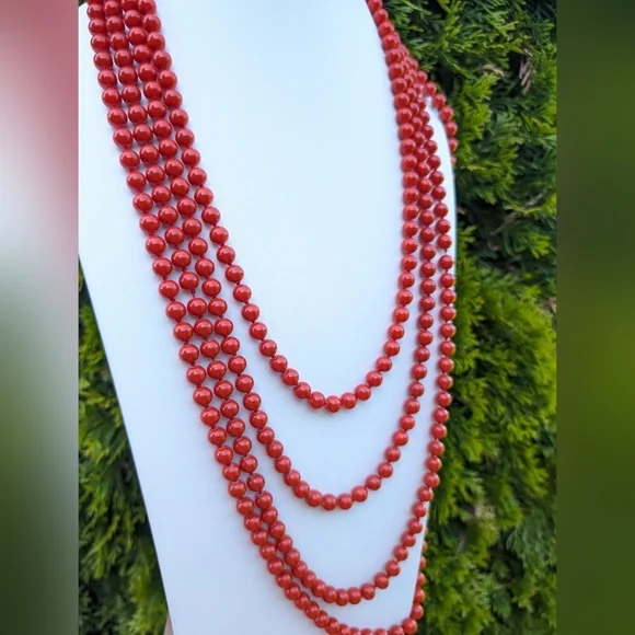 Kenneth Lane Signed Coral Glass Bead 3 Strand Tiered Necklace Gold Clasp - Picture 2 of 6